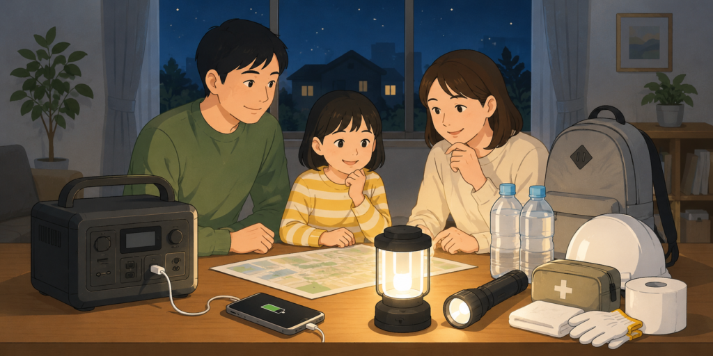 家庭で非常食や水の備蓄量を確認しているイラスト