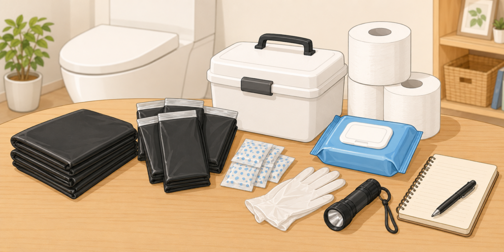 災害時の携帯トイレや簡易トイレ、備蓄用品を確認しているイラスト