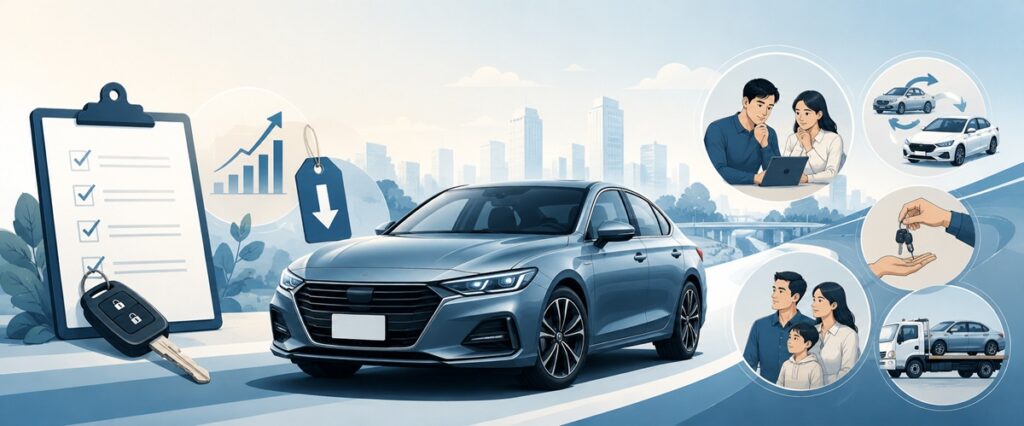 車の査定、売却、買い替え、廃車、家族での相談などを整理するイラスト