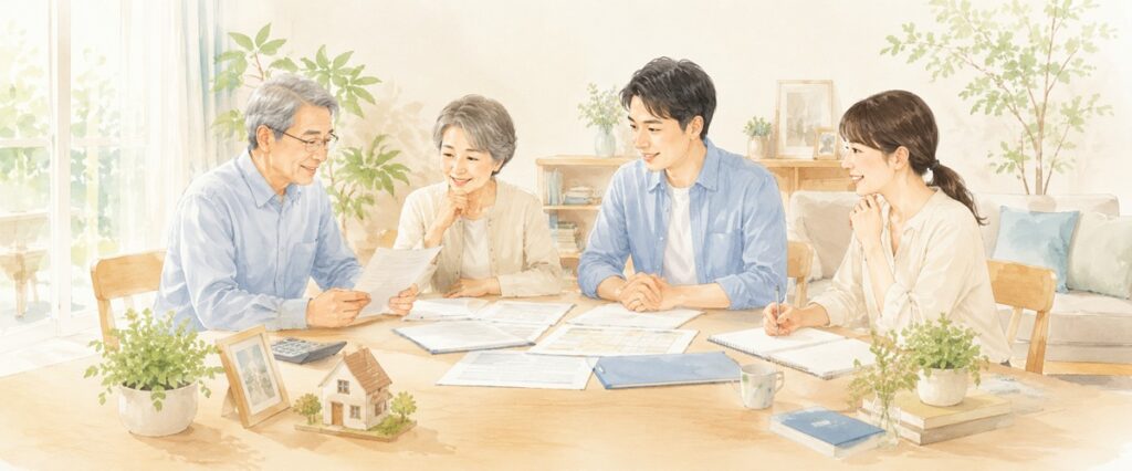 相続手続きや必要書類について、家族が明るい部屋で落ち着いて話し合うイメージ
