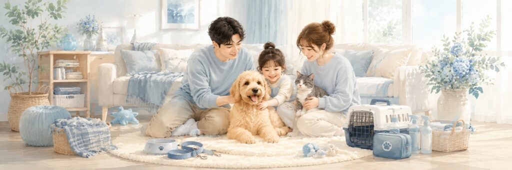 家族が犬と猫と一緒にくつろぐ、ペットとの暮らしや相談前の整理をイメージしたイラスト