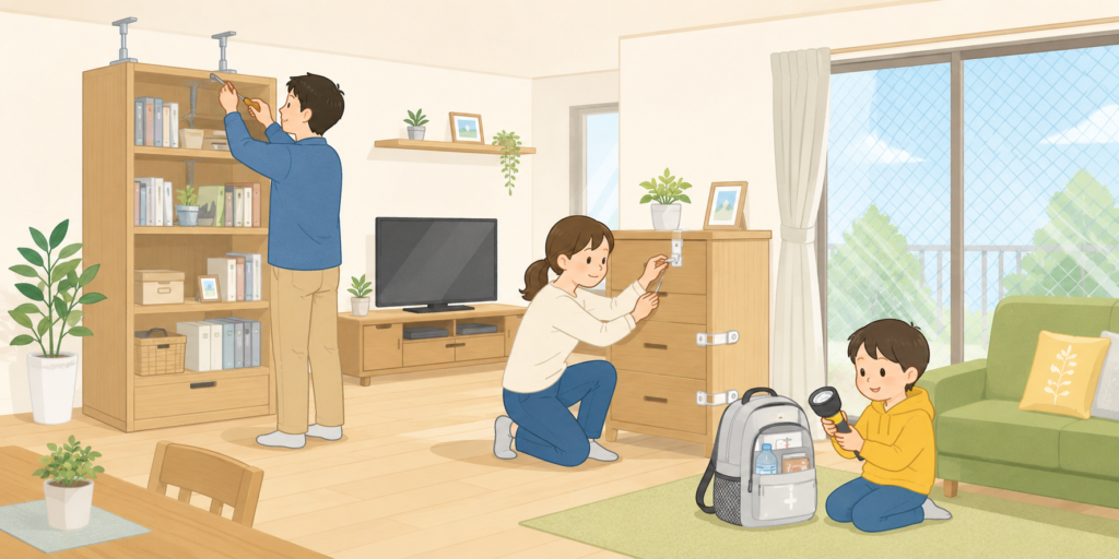 家族で家具の固定や防災リュック、家の中の安全対策を確認しているイラスト