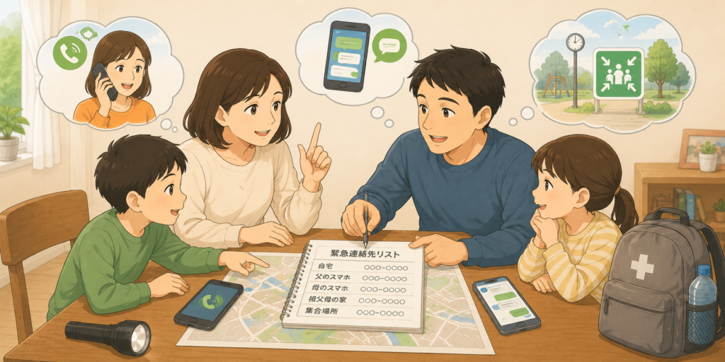 家族が災害時の連絡先や集合場所を地図とスマホで確認しているイラスト