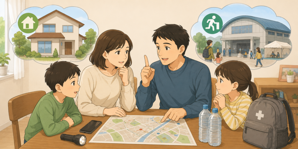 家族が自宅避難と避難所への避難を地図や防災用品で確認しているイラスト