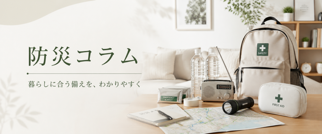 家庭の防災用品や水、ライト、ラジオを確認するイメージ