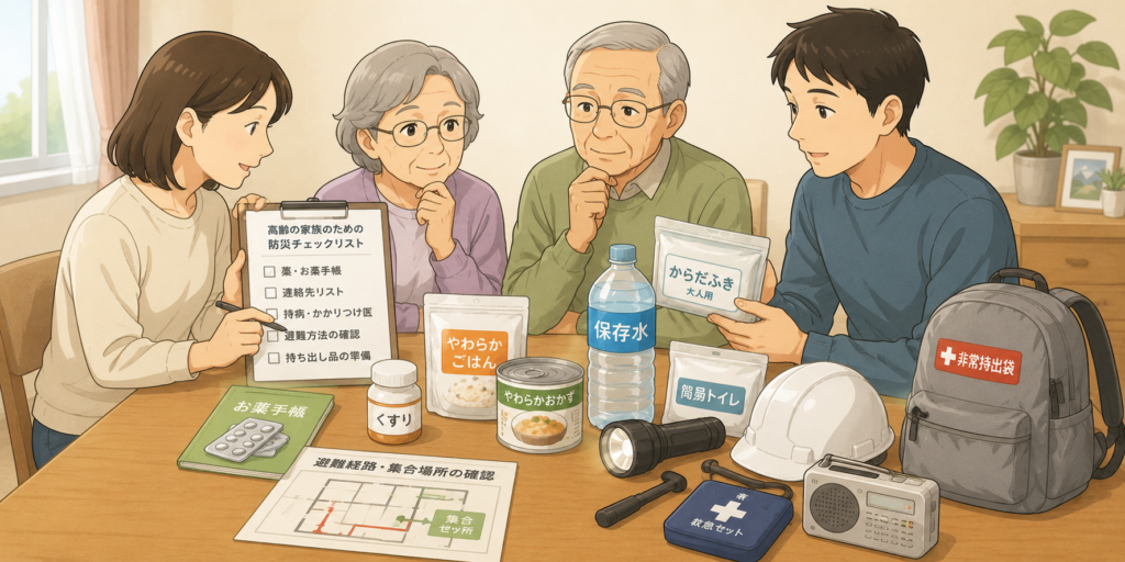 高齢の親と家族が防災用品や薬、連絡方法を確認しているイラスト
